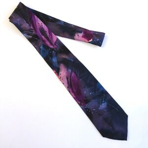 Robert Daskal Hand Painted Silk Tie Abstract Floral Blue Purple Artist Signed